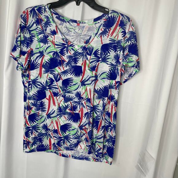 Casey Key knit t-shirt tee blouse top women's large petite P-L blue tropical - Picture 2 of 7